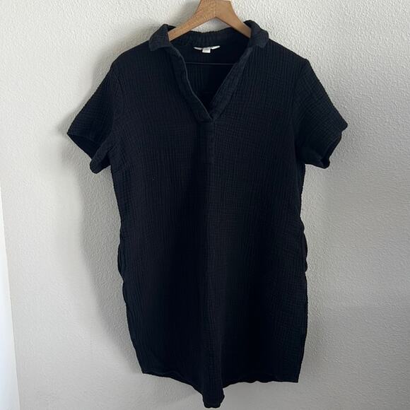 Three Dots Black Gauzy Cotton Dress Collar V Neck 100% Cotton Medium - Picture 1 of 8